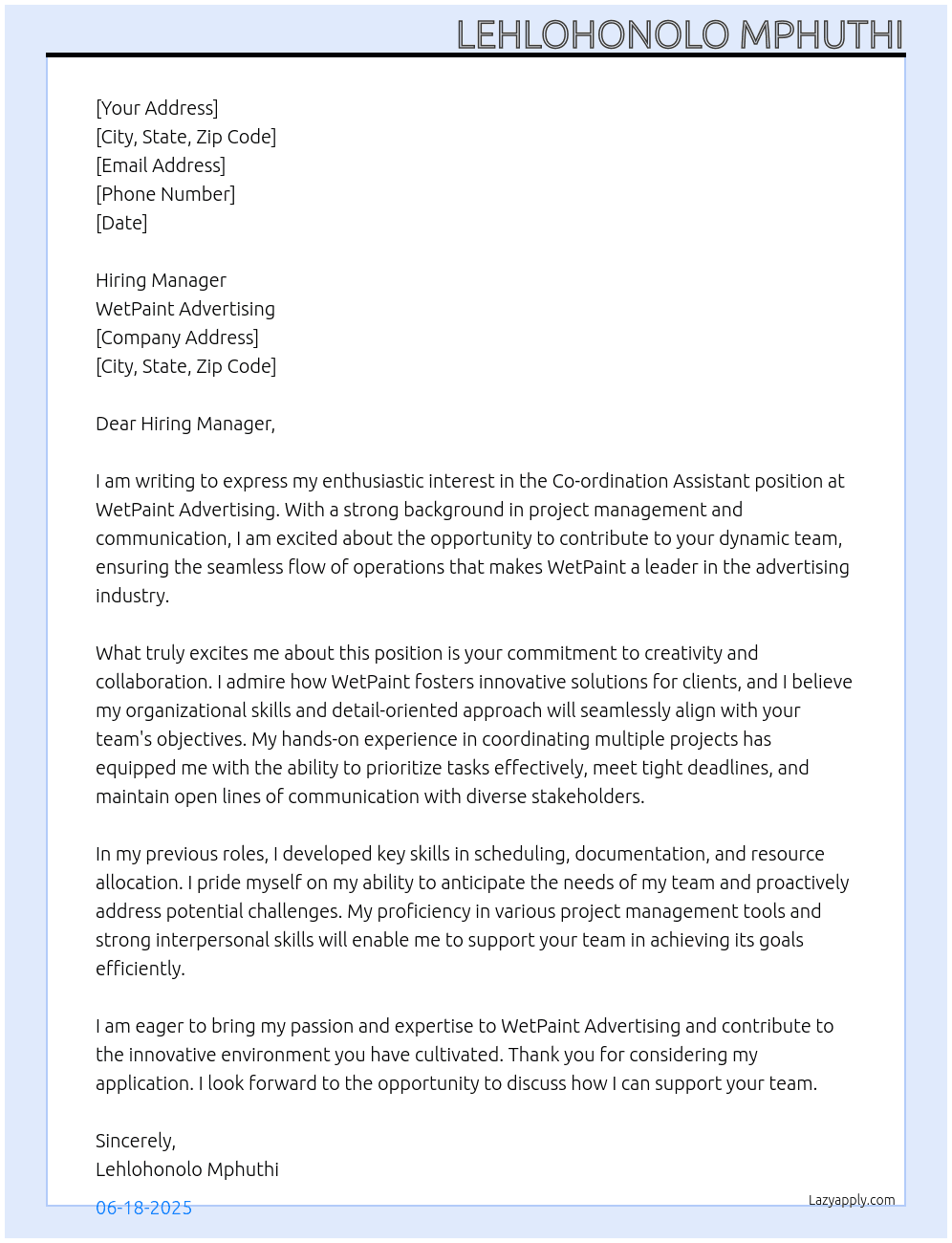 Cover letter for co-ordination assistant - LazyApply