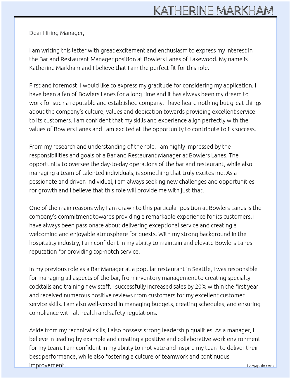 Cover letter for bar and restaurant manager - LazyApply