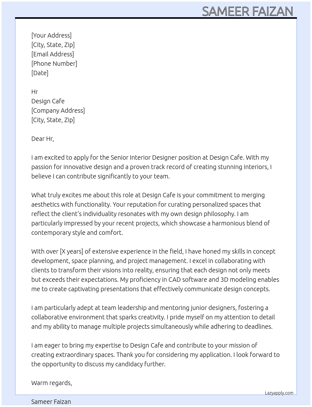 Senior interior designer At Design cafe Cover Letter