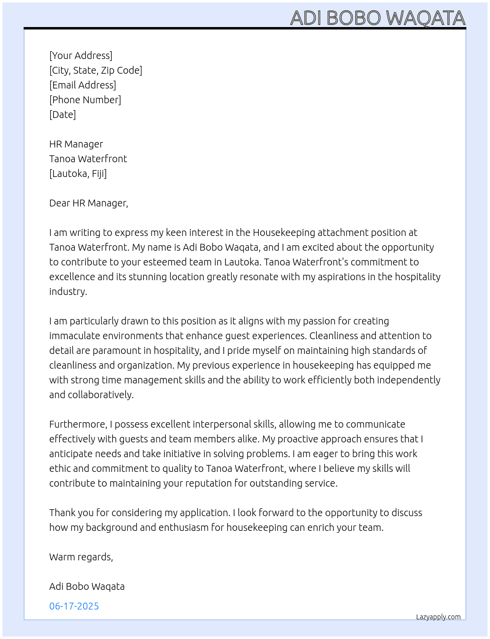 Housekeeping attachment  At Tanoa waterfront Cover Letter