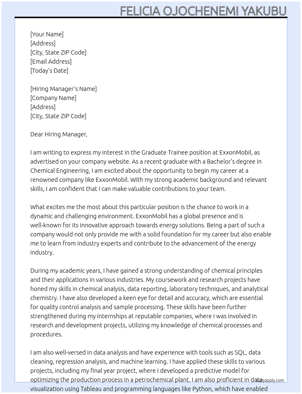 Graduate trainee  At ExxonMobil  Cover Letter