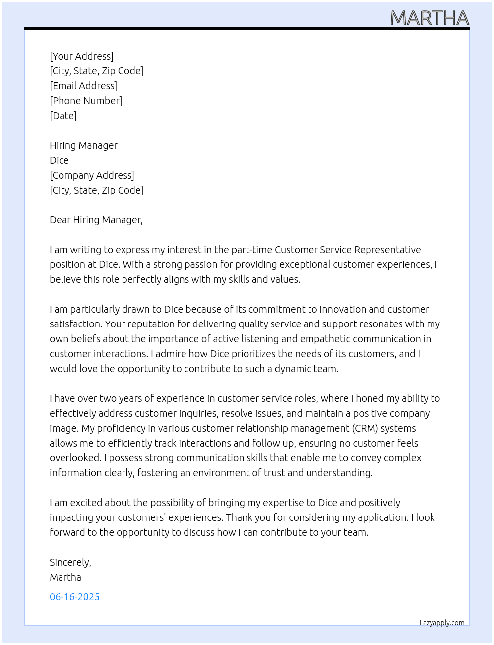 customer service representative part-time At Dice Cover Letter