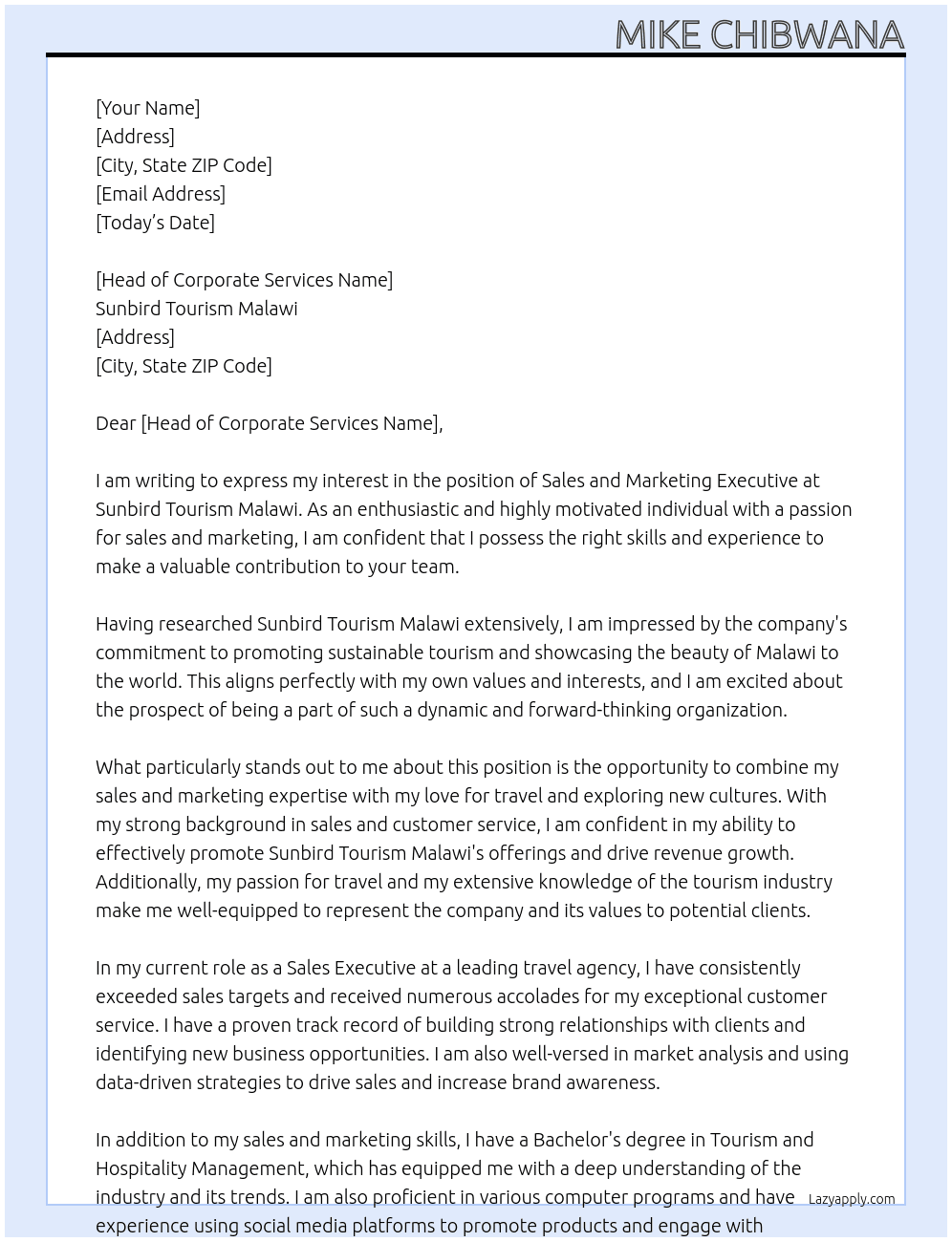 Sales and Marketing Executive At Sunbird Tourism Malawi Cover Letter