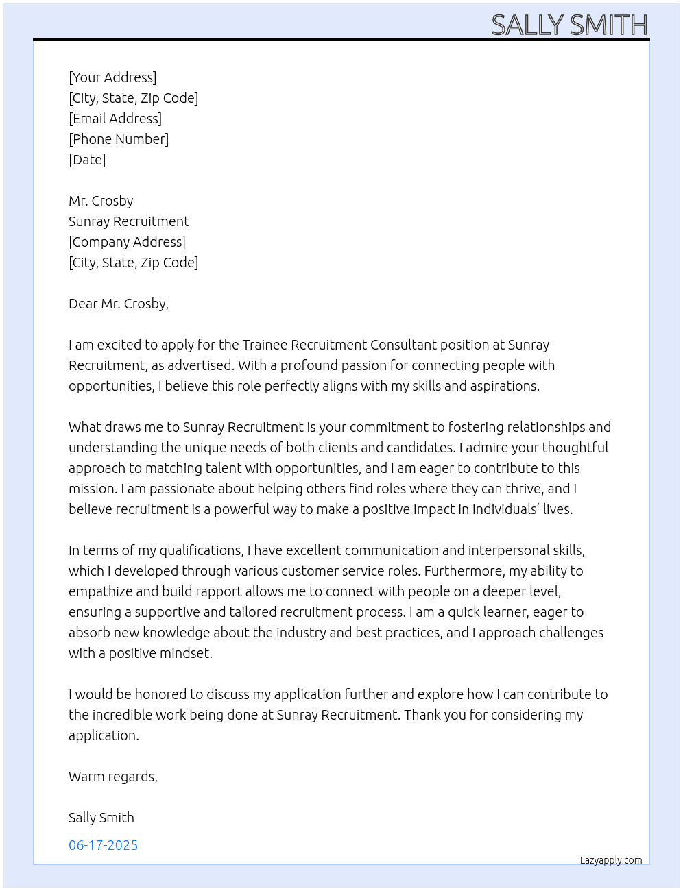 Trainee Recruitment Consultant At Sunray Recruitment Cover Letter