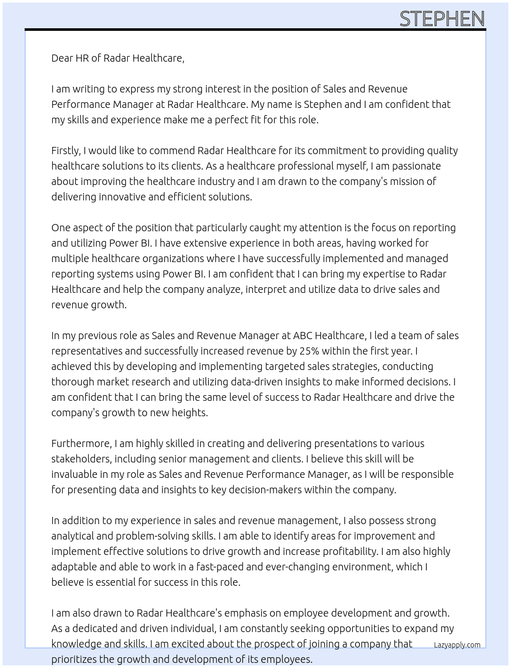 Sales and revenue performance manager At Radar healthcare Cover Letter