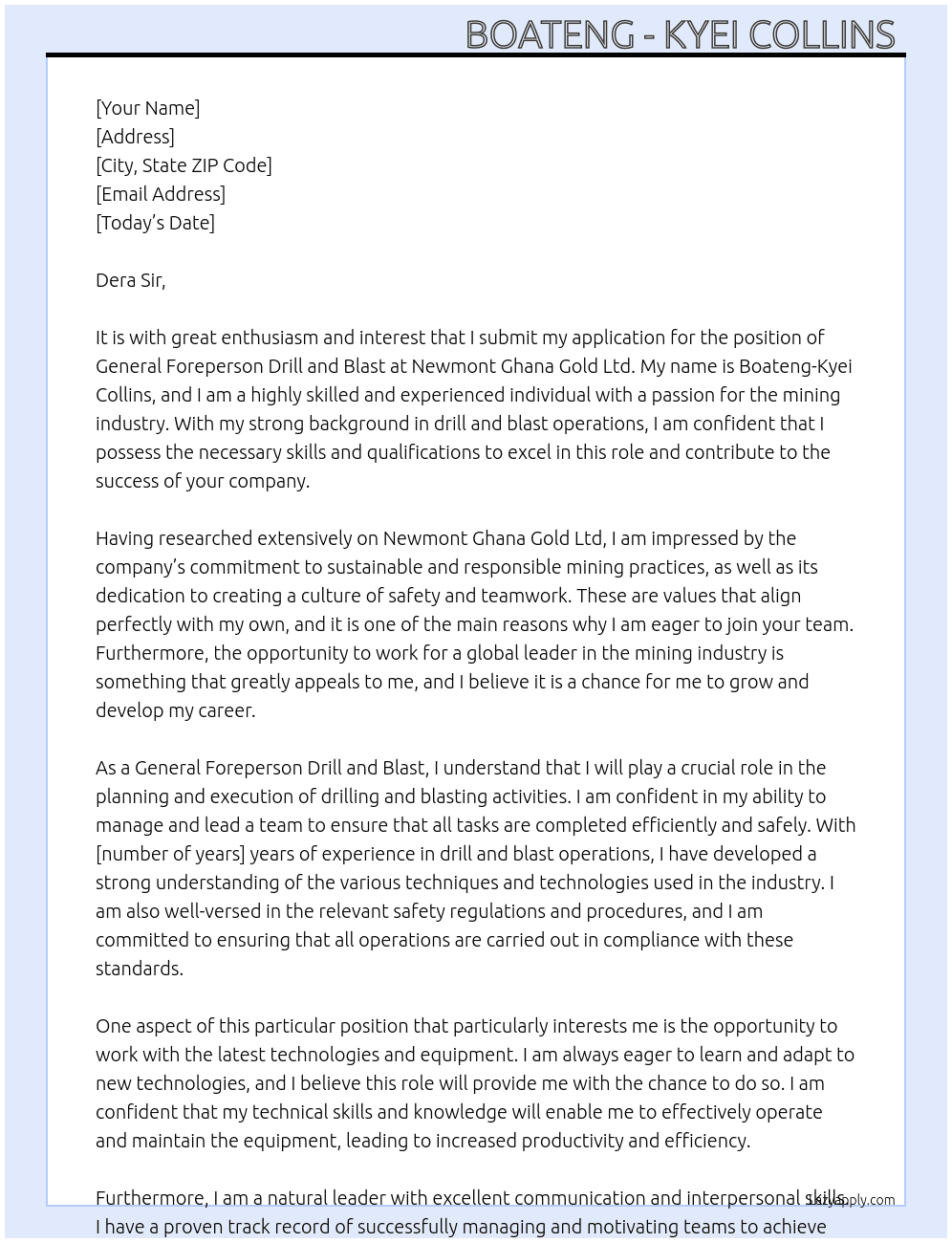 Cover letter for general foreperson drill and blast - LazyApply