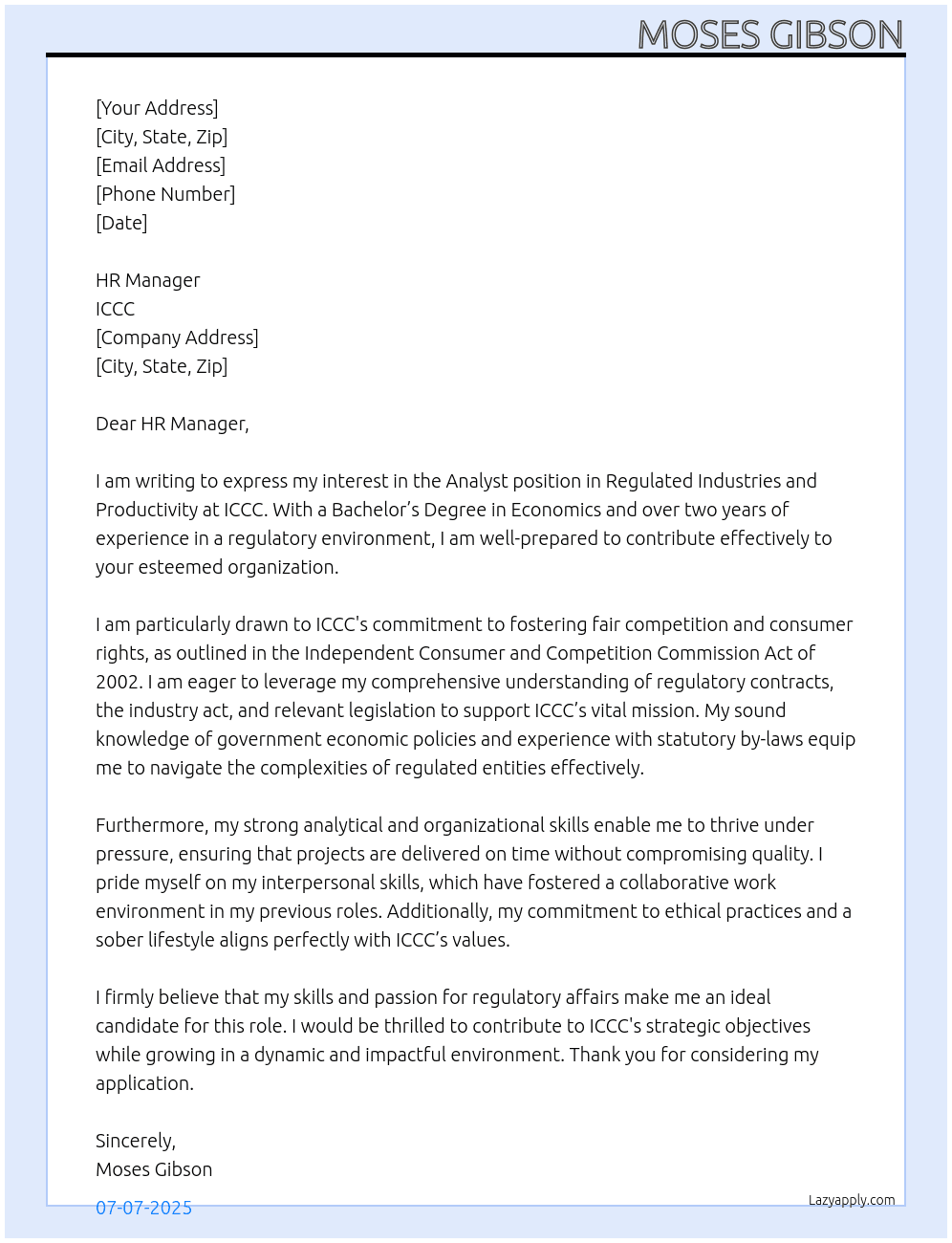 Analyst - Regulated  industries and Productivity At ICCC Cover Letter