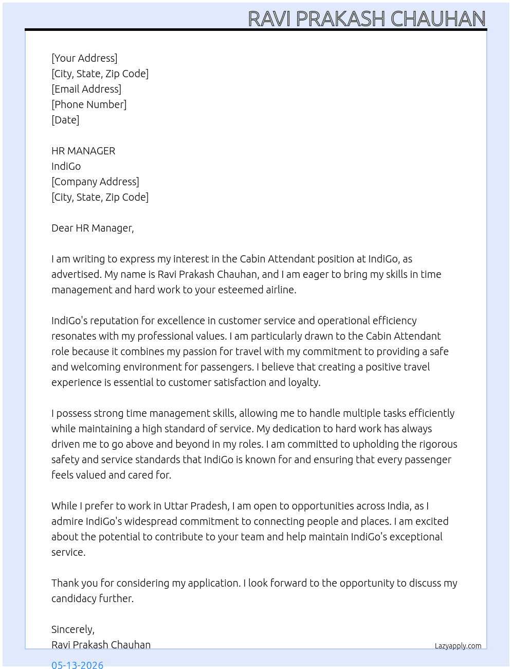 Cabin attendance  At IndiGo  Cover Letter