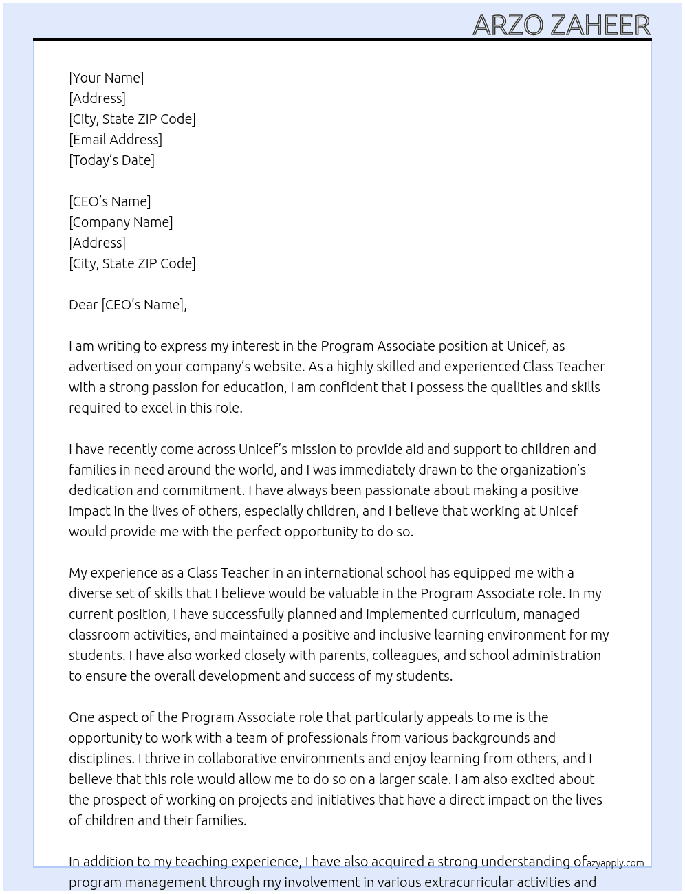 Program associate  At Unicef Cover Letter