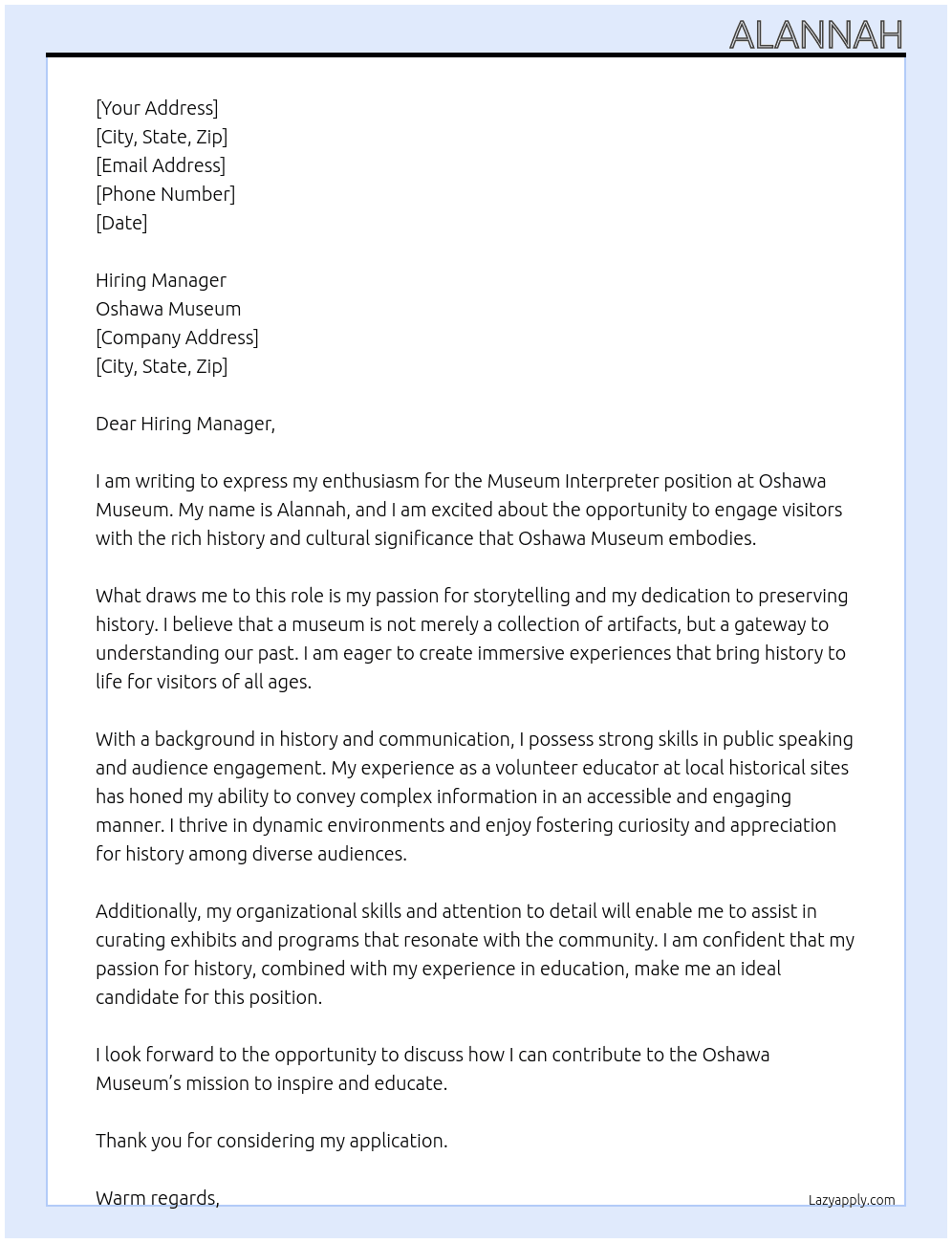 Cover letter for museum interpreter - LazyApply