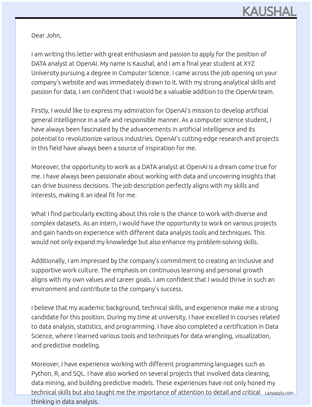 DATA analyst At OpenAI Cover Letter