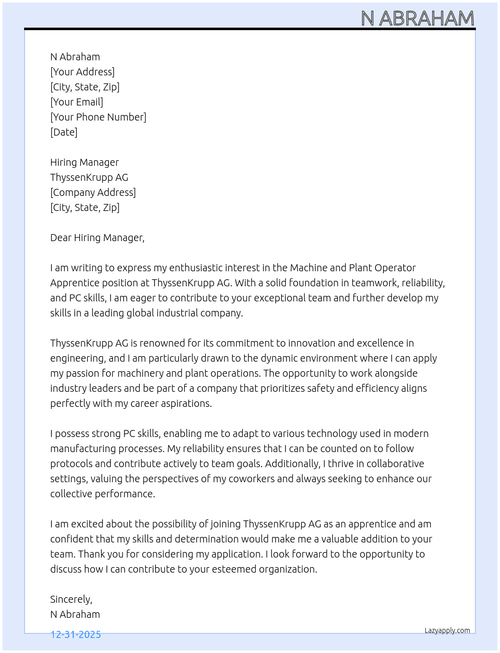 Ausbildung as Machine and Plant Operator At ThyssenKrupp AG Cover Letter