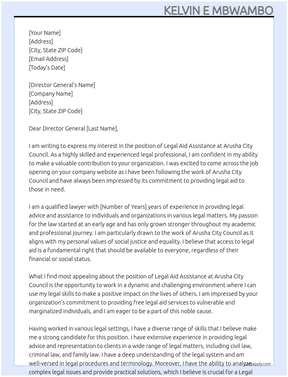 legal aid assistance At arusha city council Cover Letter