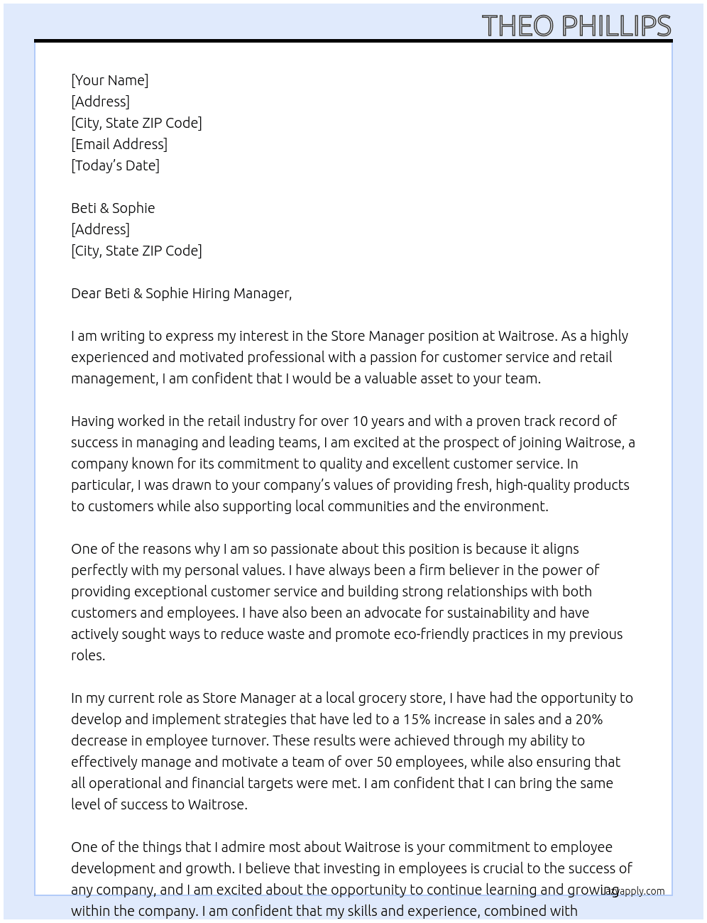 store manager  At Waitrose Cover Letter