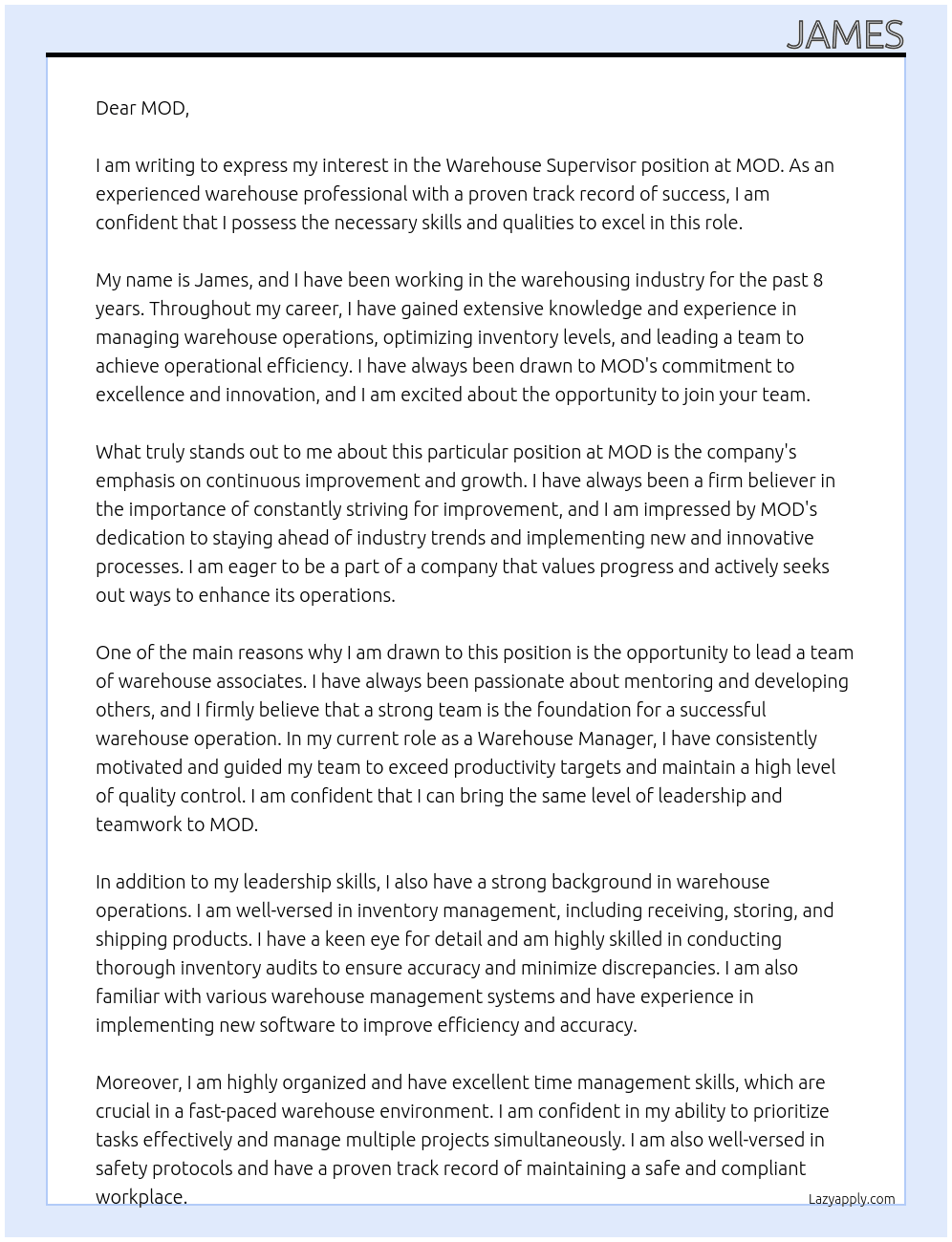 Warehouse supervisor At MOD Cover Letter