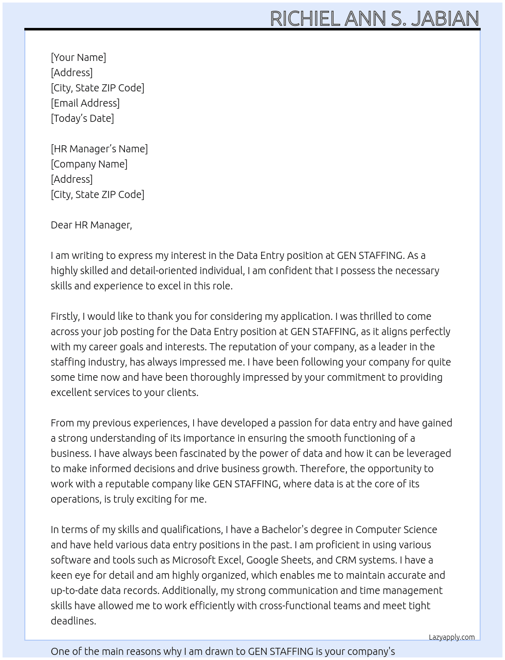 data entry At GEN STAFFING Cover Letter