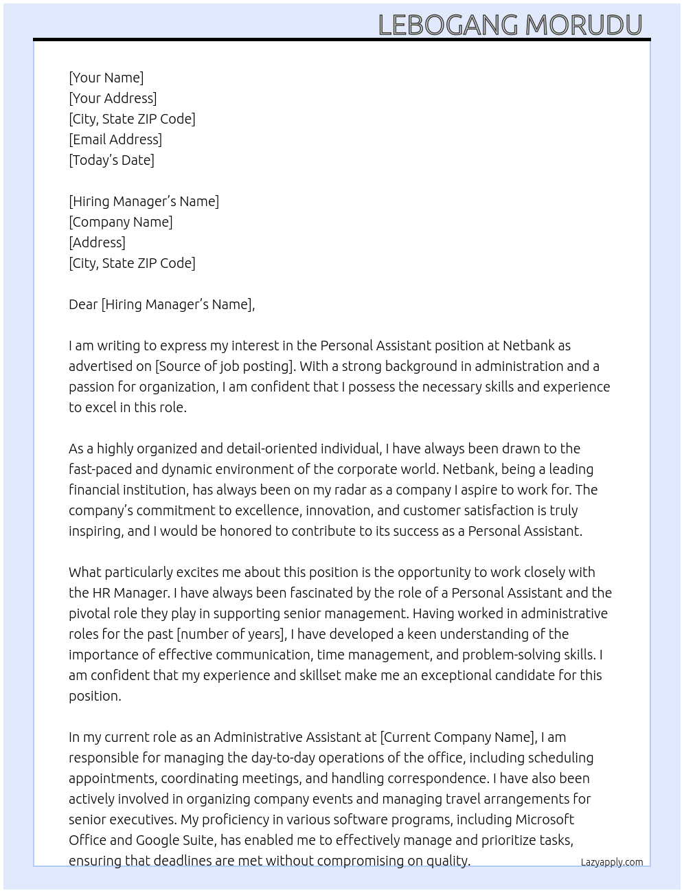Personal assistant At Netbank Cover Letter