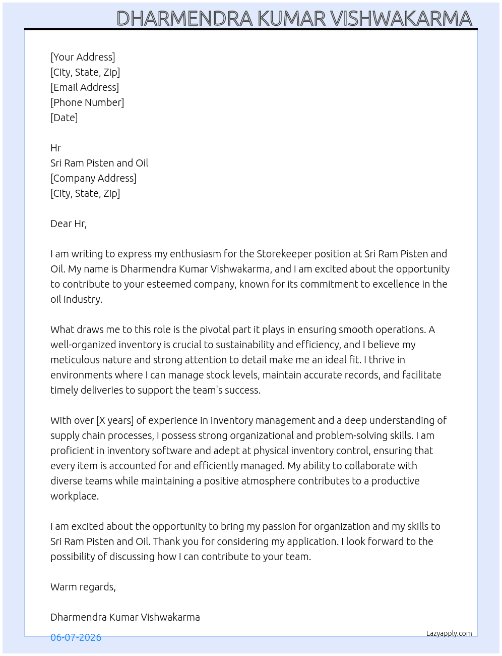 Storekeaper  At Sri Ram pisten and oil Cover Letter