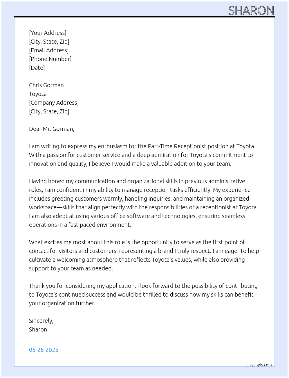 Part-Time Receptionist  At Toyota Cover Letter