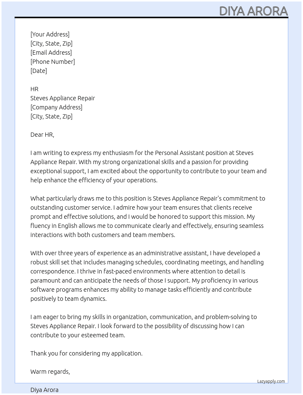 Personal assistant with knowledge of English At  Steves Appliance Repair Cover Letter
