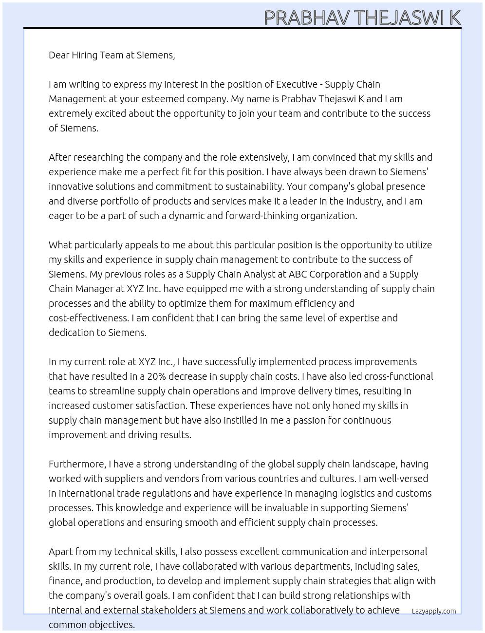 Cover letter for executive - supply chain management - LazyApply