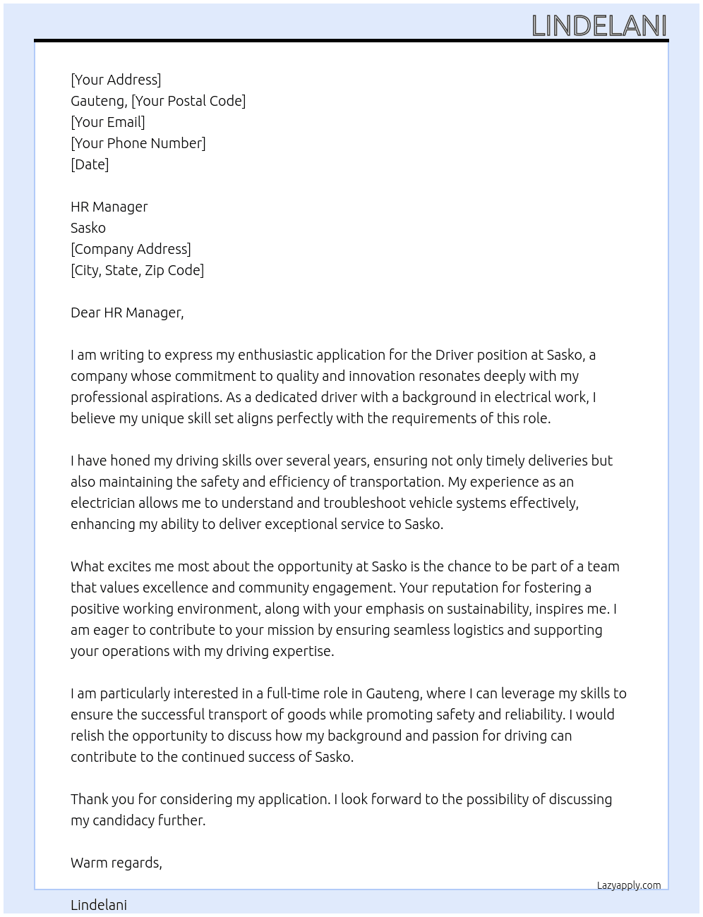 Driver At Sasko Cover Letter