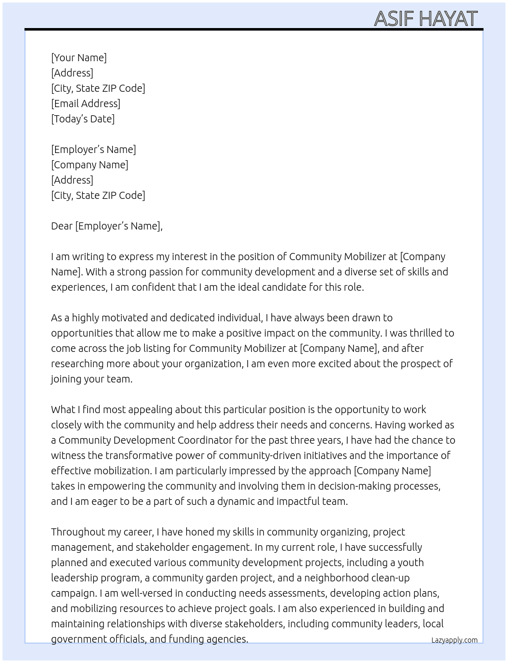 Community Mobilizer  At Community Mobilizer  Cover Letter