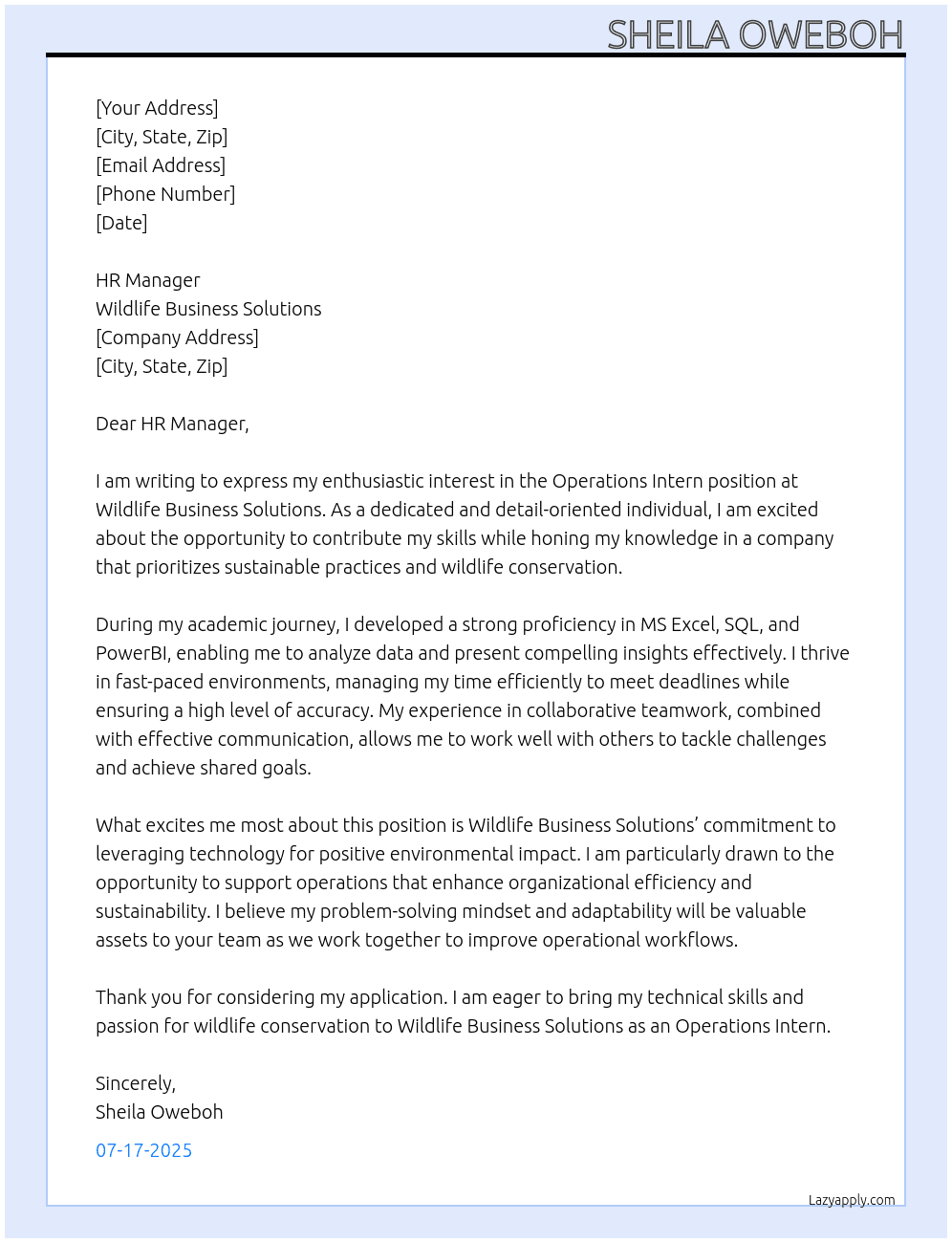 Operations Intern At Wildlife Business Solutions Cover Letter