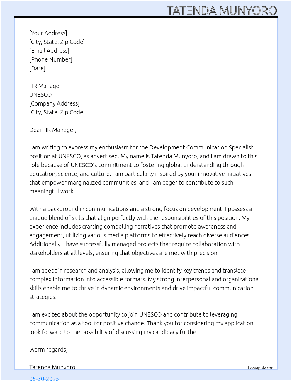 Development communication specialist  At UNESCO Cover Letter