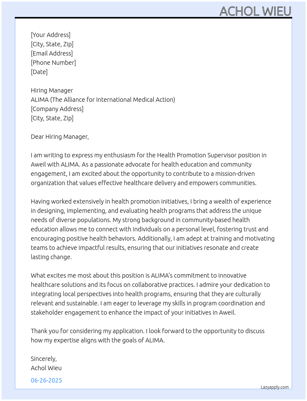 Cover letter for health promotion supervisor-aweil - LazyApply