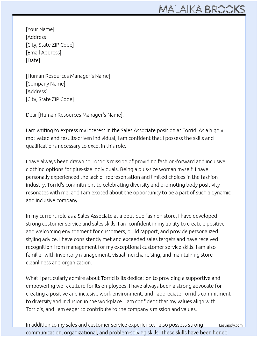 Sales Associate At Torrid Cover Letter