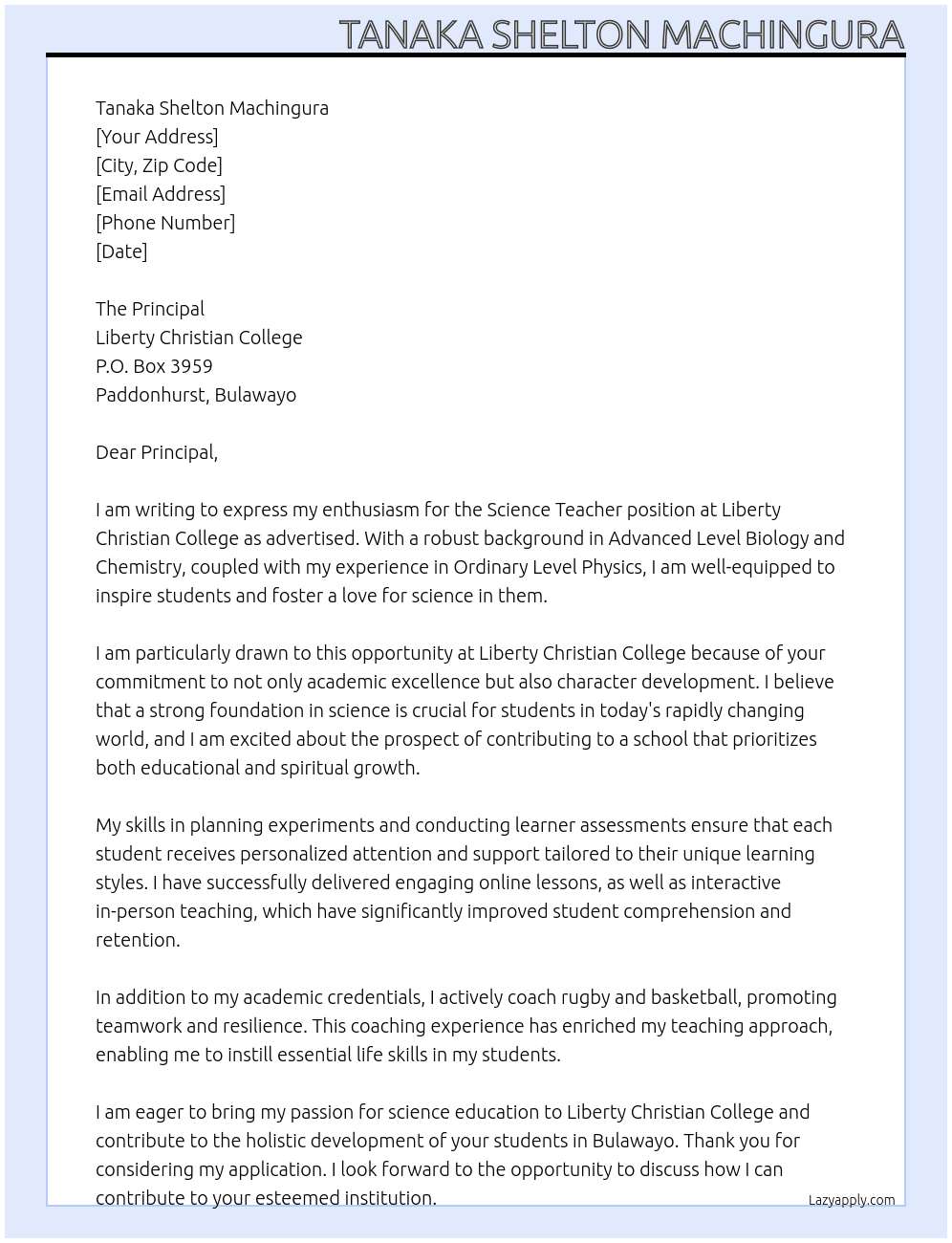 Science Teached At Liberty Christian College Cover Letter