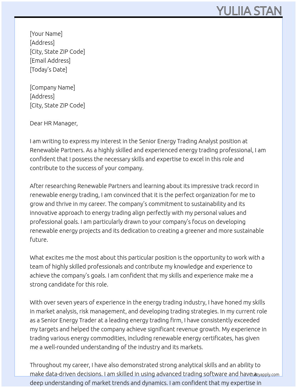  Senior Energy Trading Analyst At Renewable Partners Cover Letter