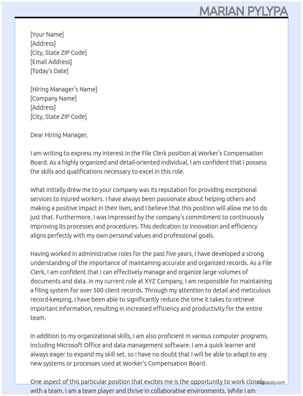 Cover letter for file clerk - LazyApply