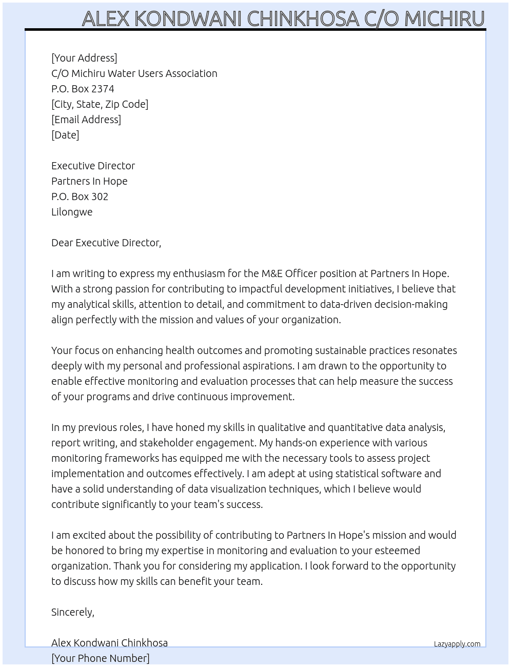 Cover letter for m&e officers - LazyApply