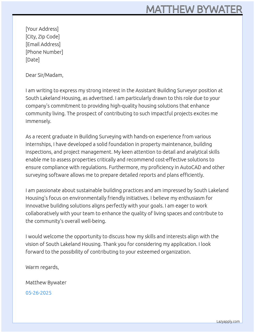 Cover letter for assistant building surveyor - LazyApply