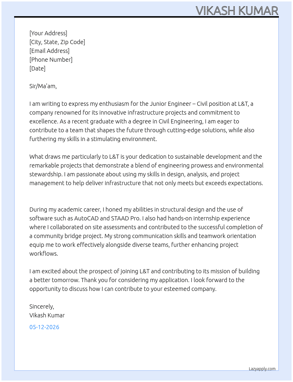 Junior engineer civil At L&T Cover Letter