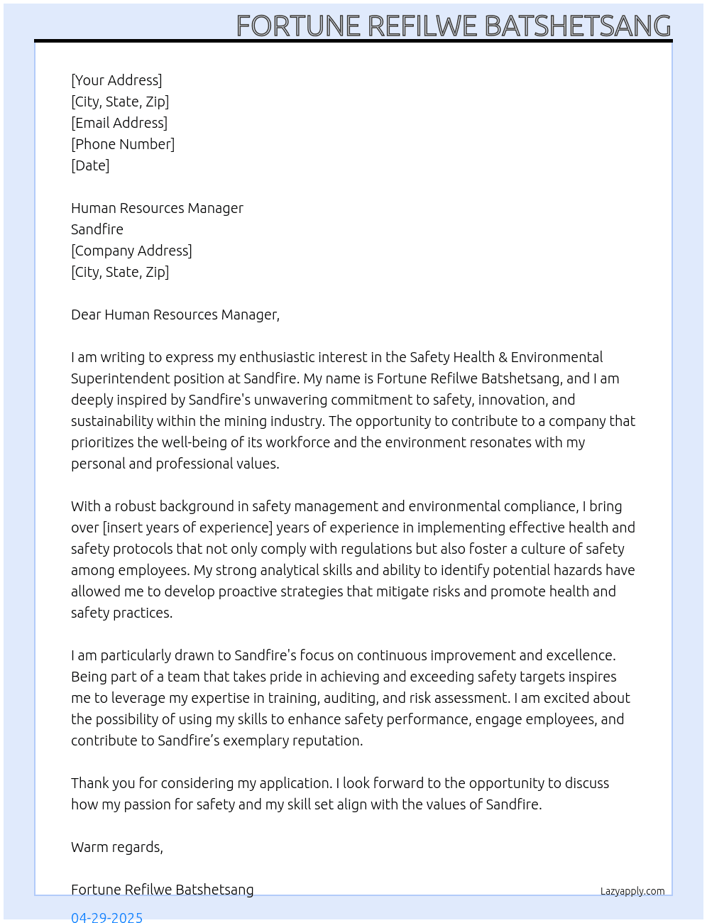 safety health &environmental superitentendent At Sandfire Cover Letter