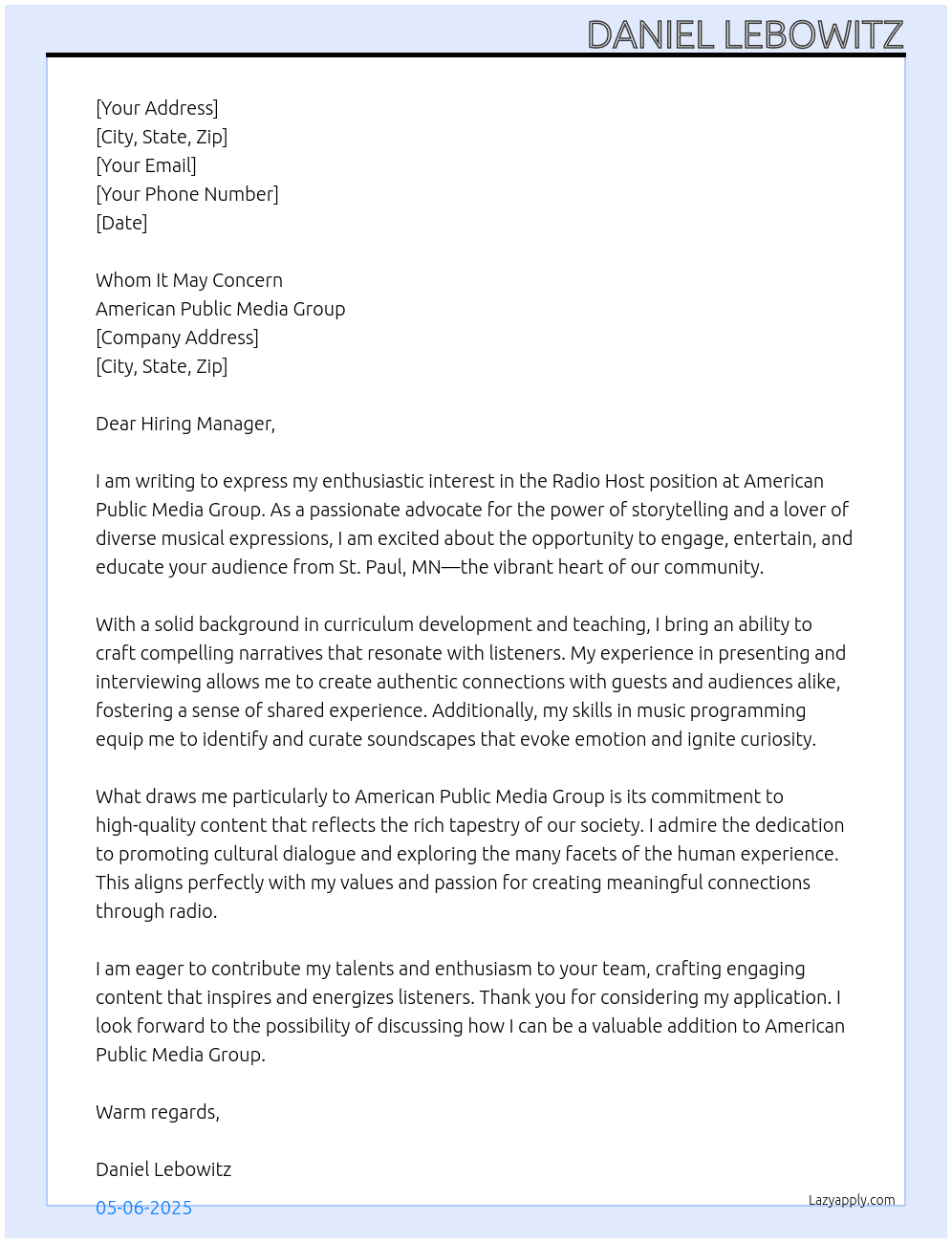 Cover letter for radio host - LazyApply