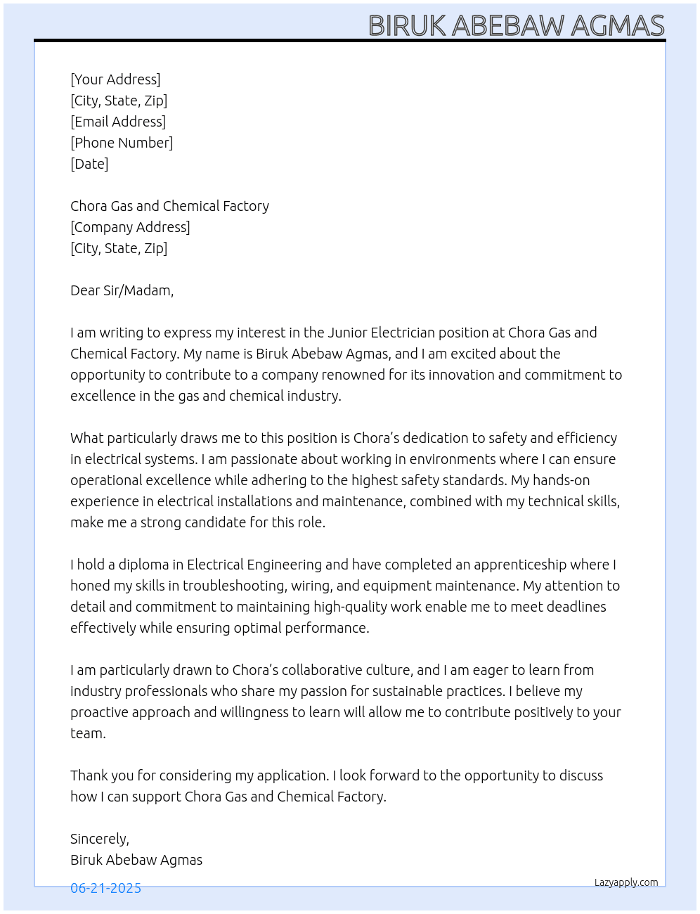 Junior Electrician At Chora Gas and Chemical Factory Cover Letter