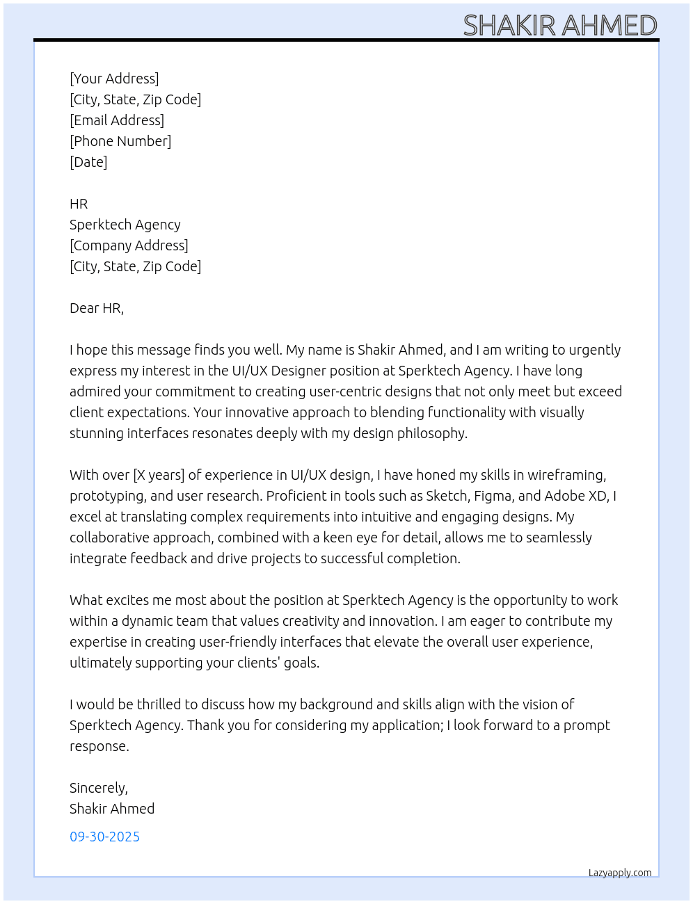 UIUX Designer At Sperktech Agency Cover Letter