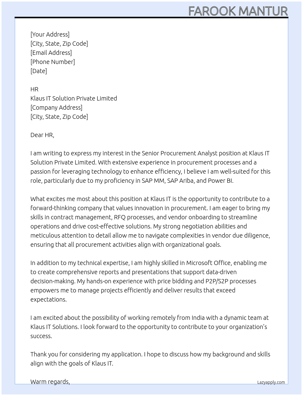 Senior Procurement Analyst At Klaus IT Solution Private Limited Cover Letter