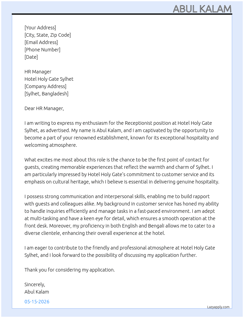 Receptionist  At Hotel Holy Gate Sylhet  Cover Letter
