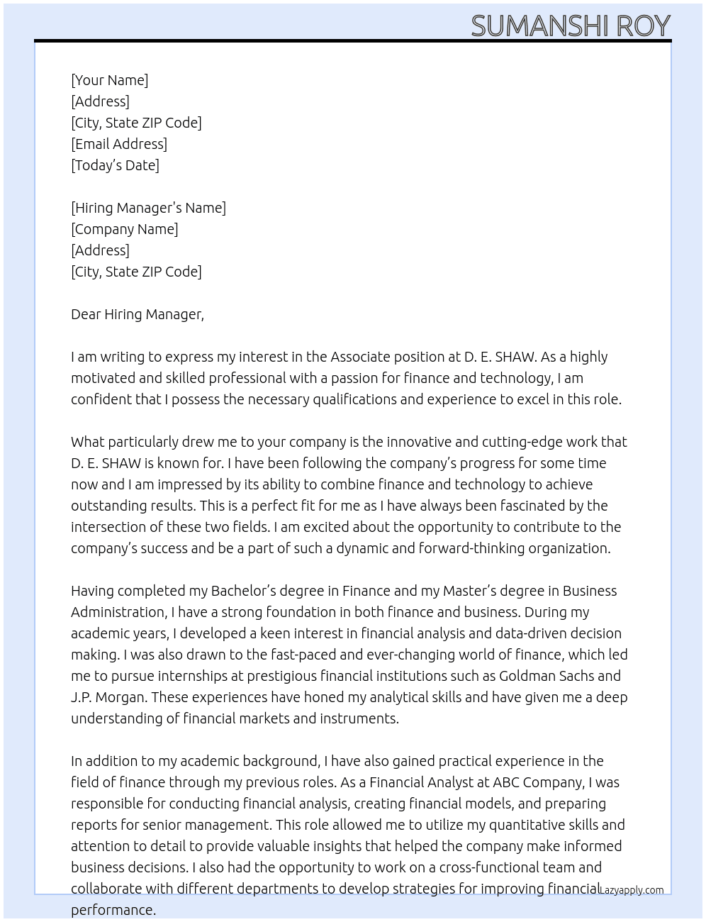 Associate At D. E. SHAW Cover Letter