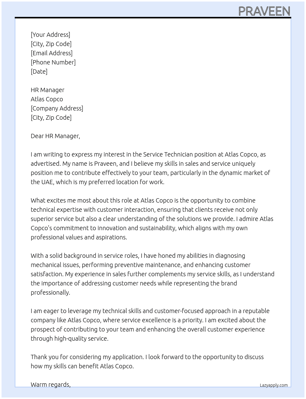 service technician At ATLAS COPCO Cover Letter