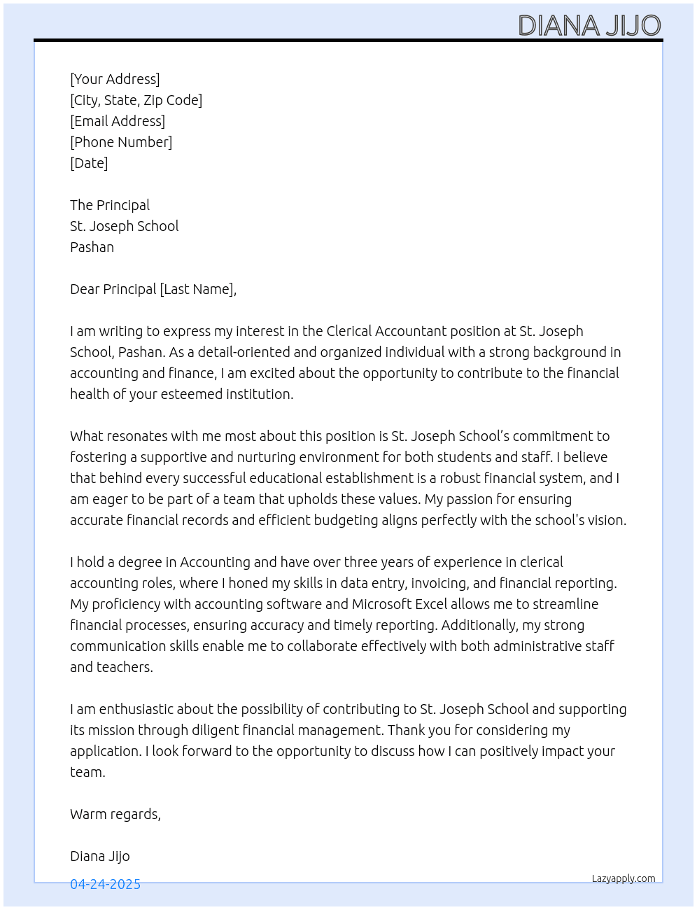 clerical Accountant At St. Joseph School , Pashan Cover Letter