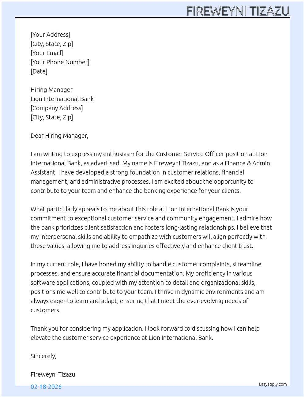 Customer service officer  At Lion international bank Cover Letter