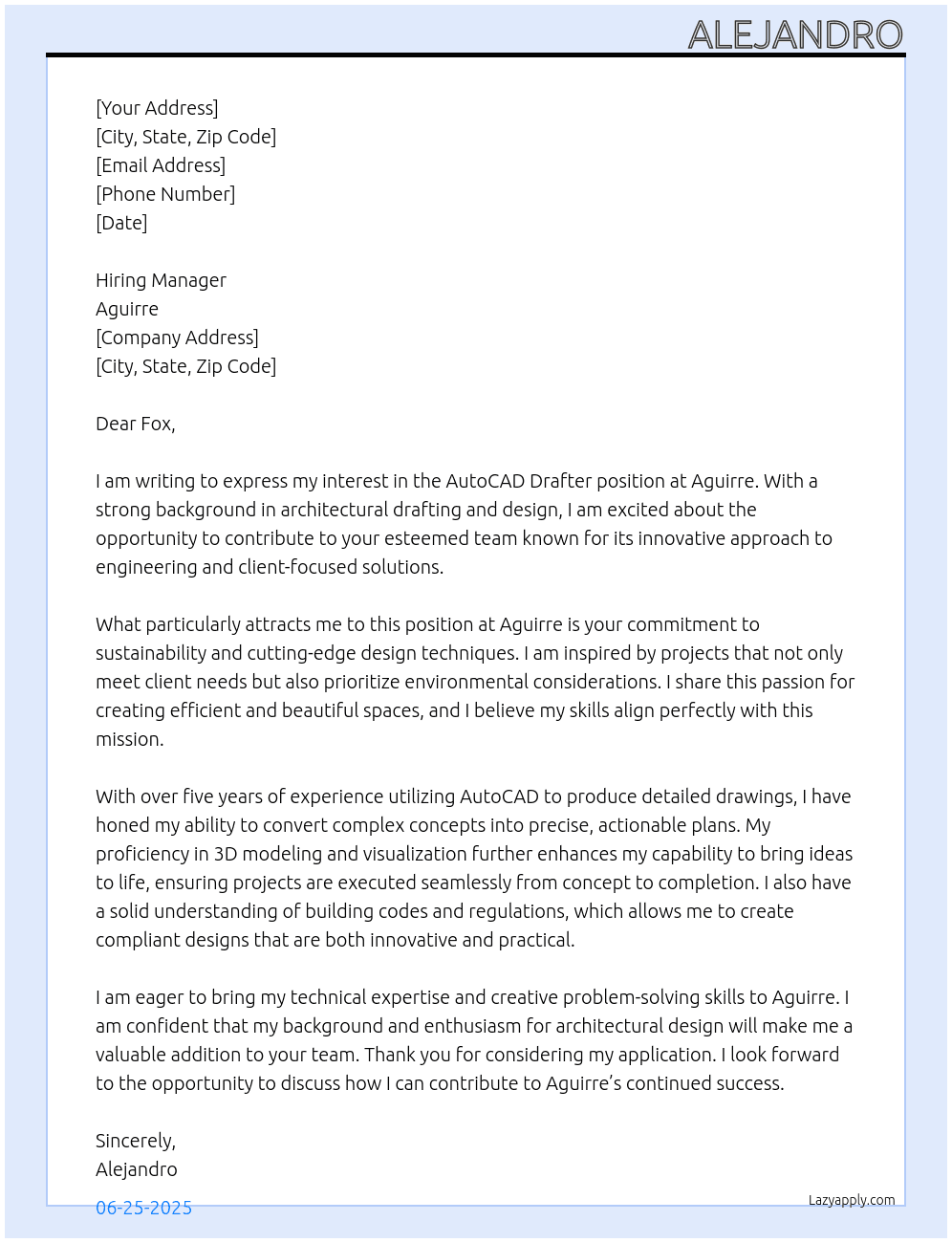 Cover letter for autocad drafter - LazyApply