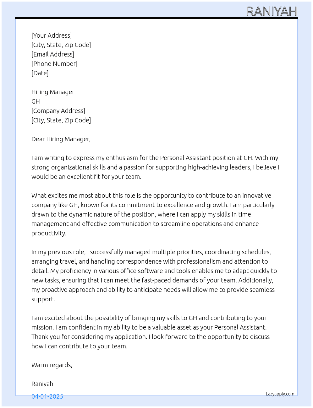 Personal assistant  At Gh Cover Letter