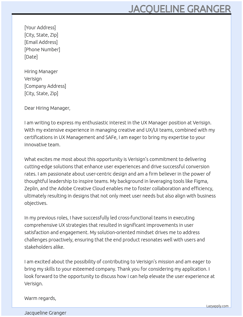 UX Manager At Verisign Cover Letter